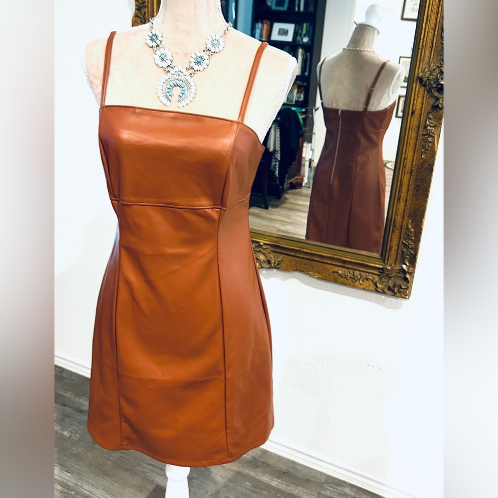 Brown Vegan Leather Mini Dress with baby doll style empire waist, sz L
